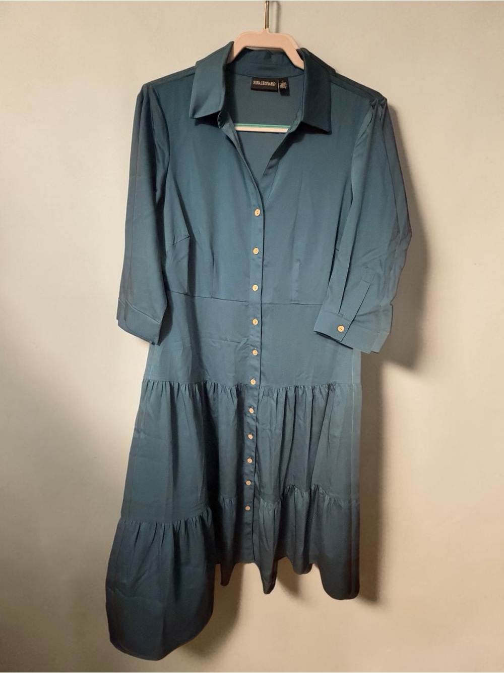 Nina Leonard Teal Button-Front Tiered Midi Dress